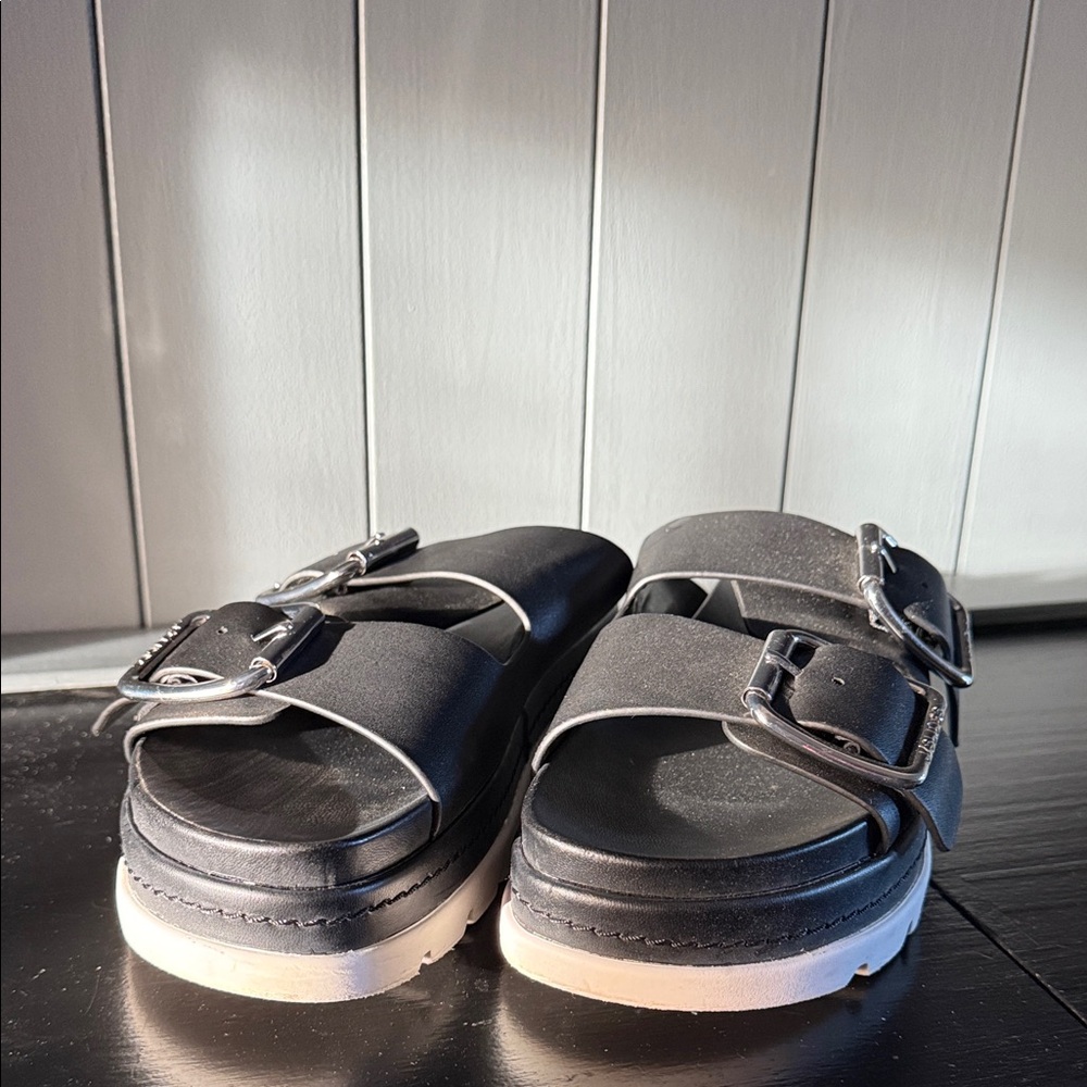 J Slides Black Double-Buckle Platform Sandals